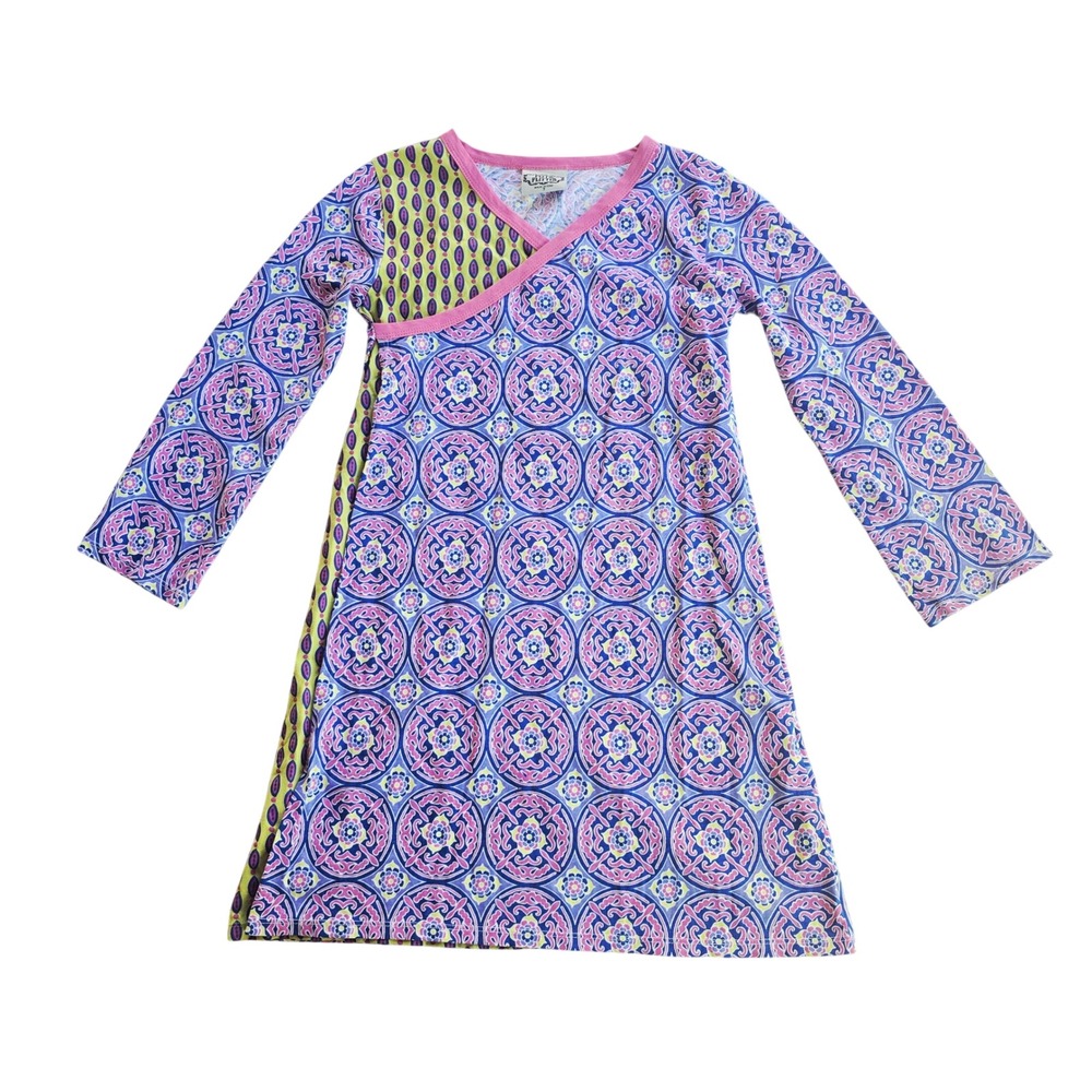 Flit & Flitter Girls‎ Print Wrap Dress Size 7 Long Sleeve Pink Blue Yellow
